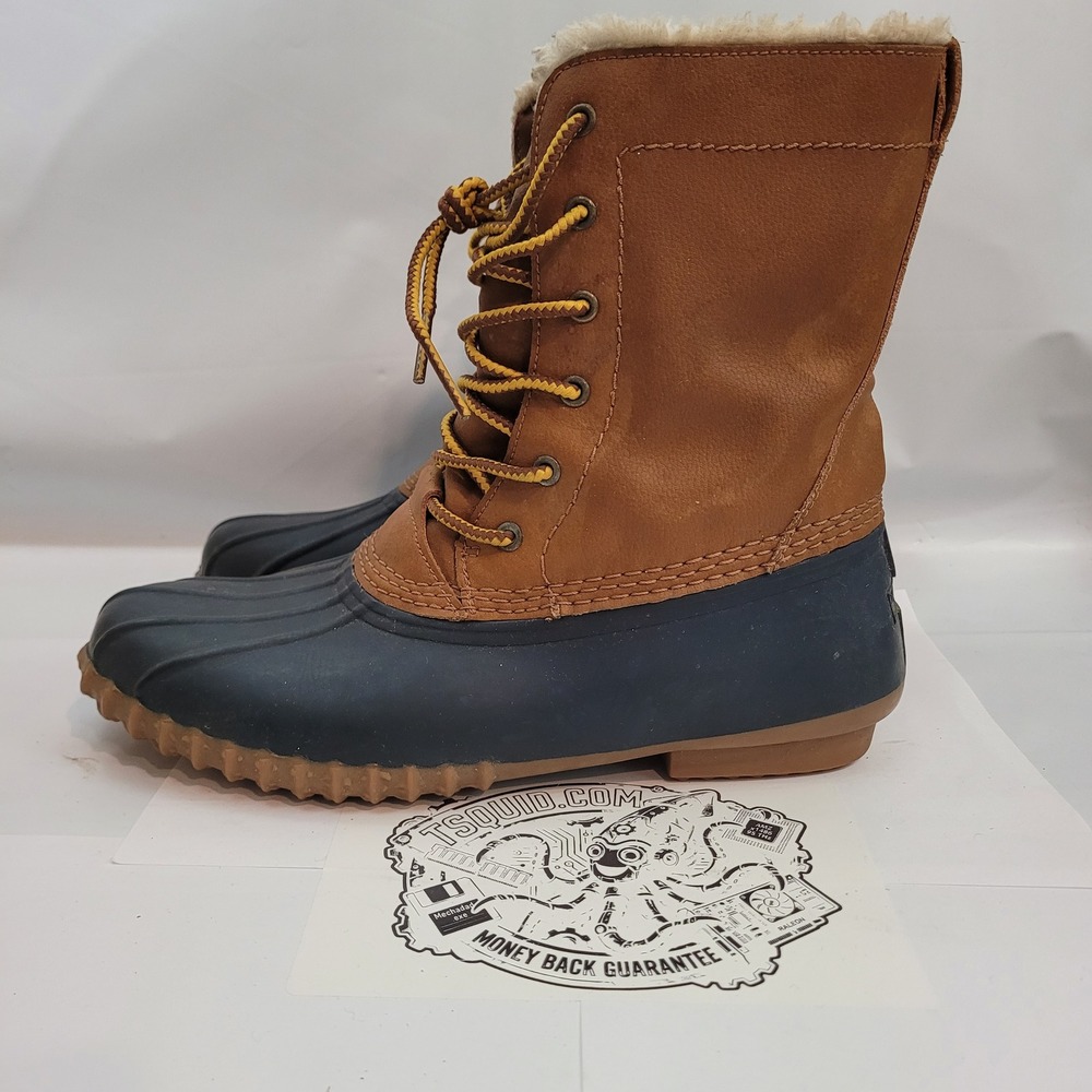 American Eagle Duck Boots Womens 9 Brown Navy Blue Faux Shearling 3958-207